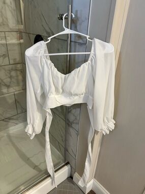 White Long-Sleeve Cropped Peasant Top - Elegant Tie-Front